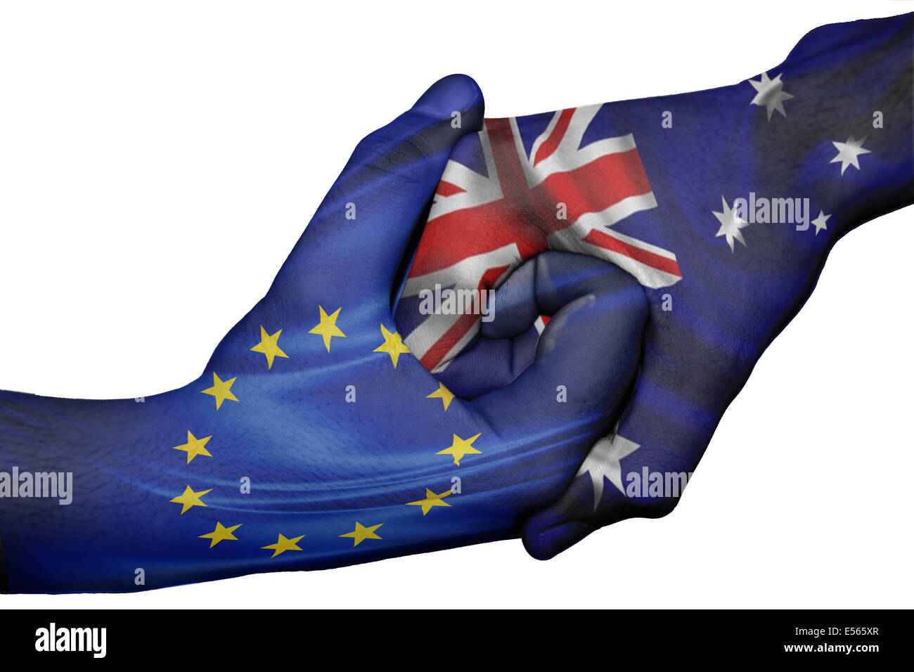 Handshake diplomatiche tra paesi: bandiere della Unione europea e l' Australia sovradipinta le due mani Foto Stock