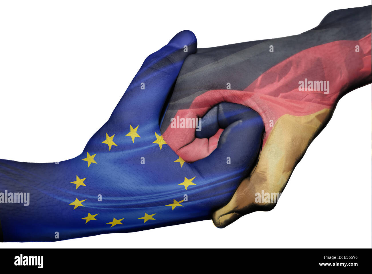 Handshake diplomatiche tra paesi: bandiere dell Unione europea e la Germania sovradipinta le due mani Foto Stock