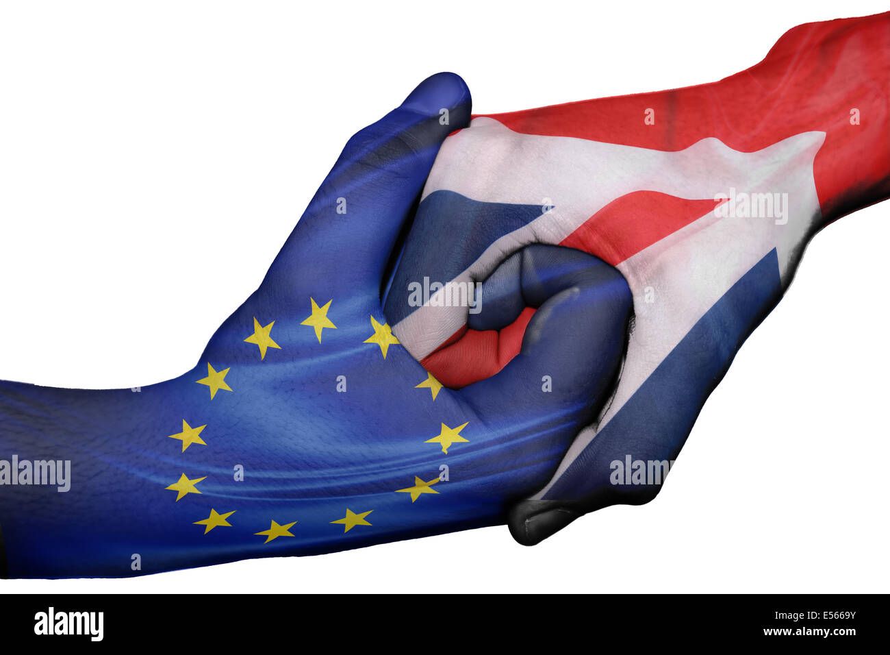 Handshake diplomatiche tra paesi: bandiere di Unione europea e Gran Bretagna sovradipinta le due mani Foto Stock