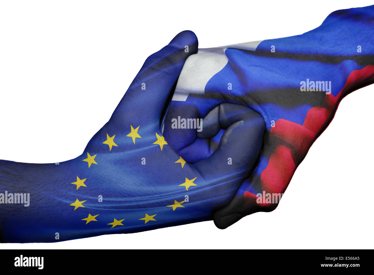 Handshake diplomatiche tra paesi: bandiere dell Unione europea e la Russia sovradipinta le due mani Foto Stock