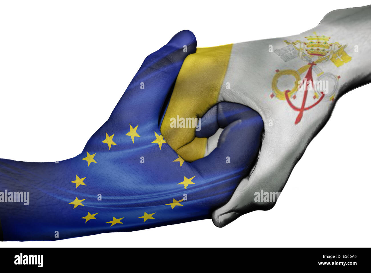 Handshake diplomatiche tra paesi: bandiere di Unione europea e Città del Vaticano sovradipinta le due mani Foto Stock