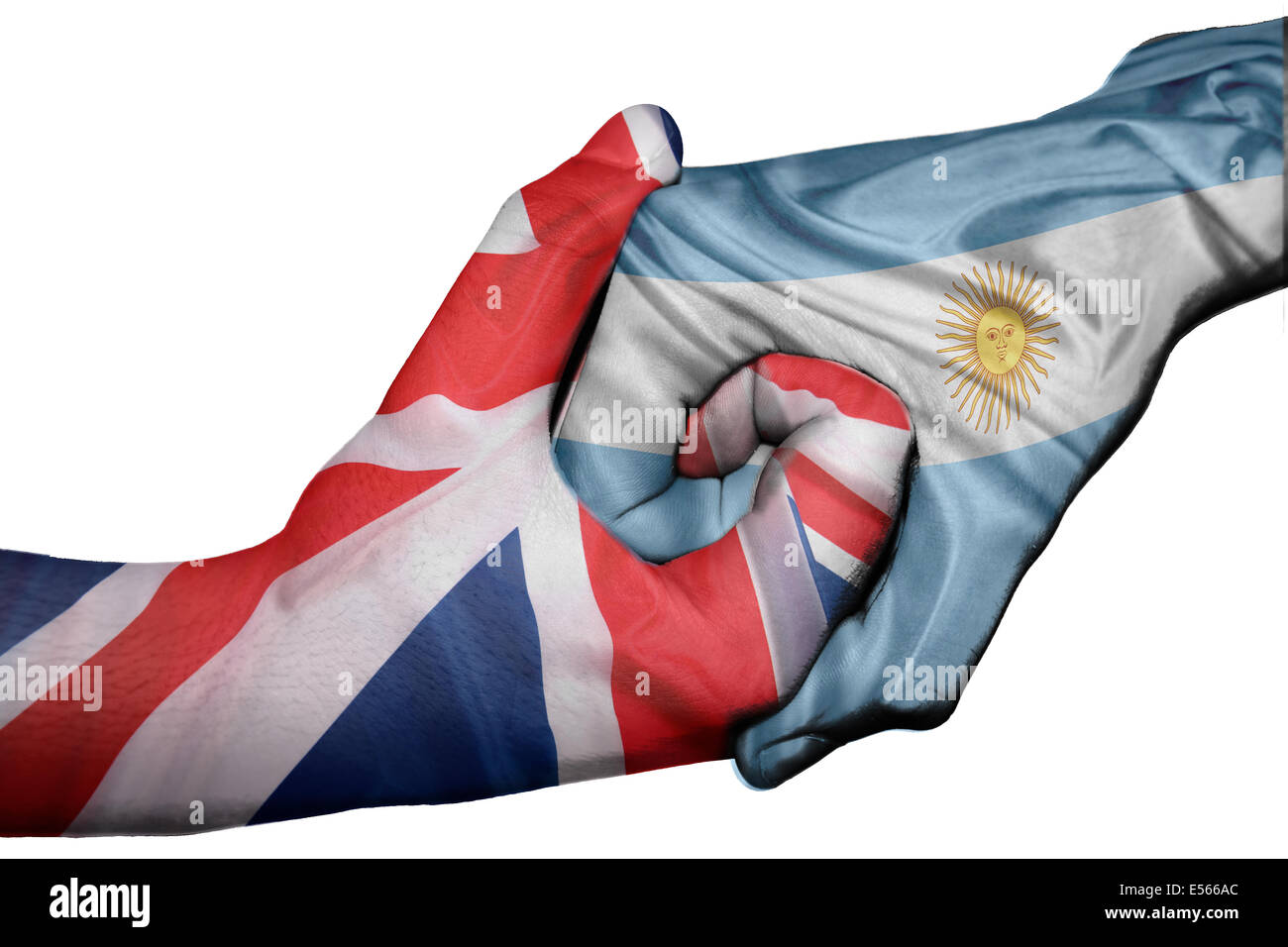 Handshake diplomatiche tra paesi: bandiere del Regno Unito e Argentina sovradipinta le due mani Foto Stock
