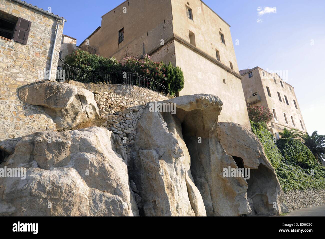 Francia, Corsica, Calvi, case costruite sulla roccia nella Cittadella Foto Stock