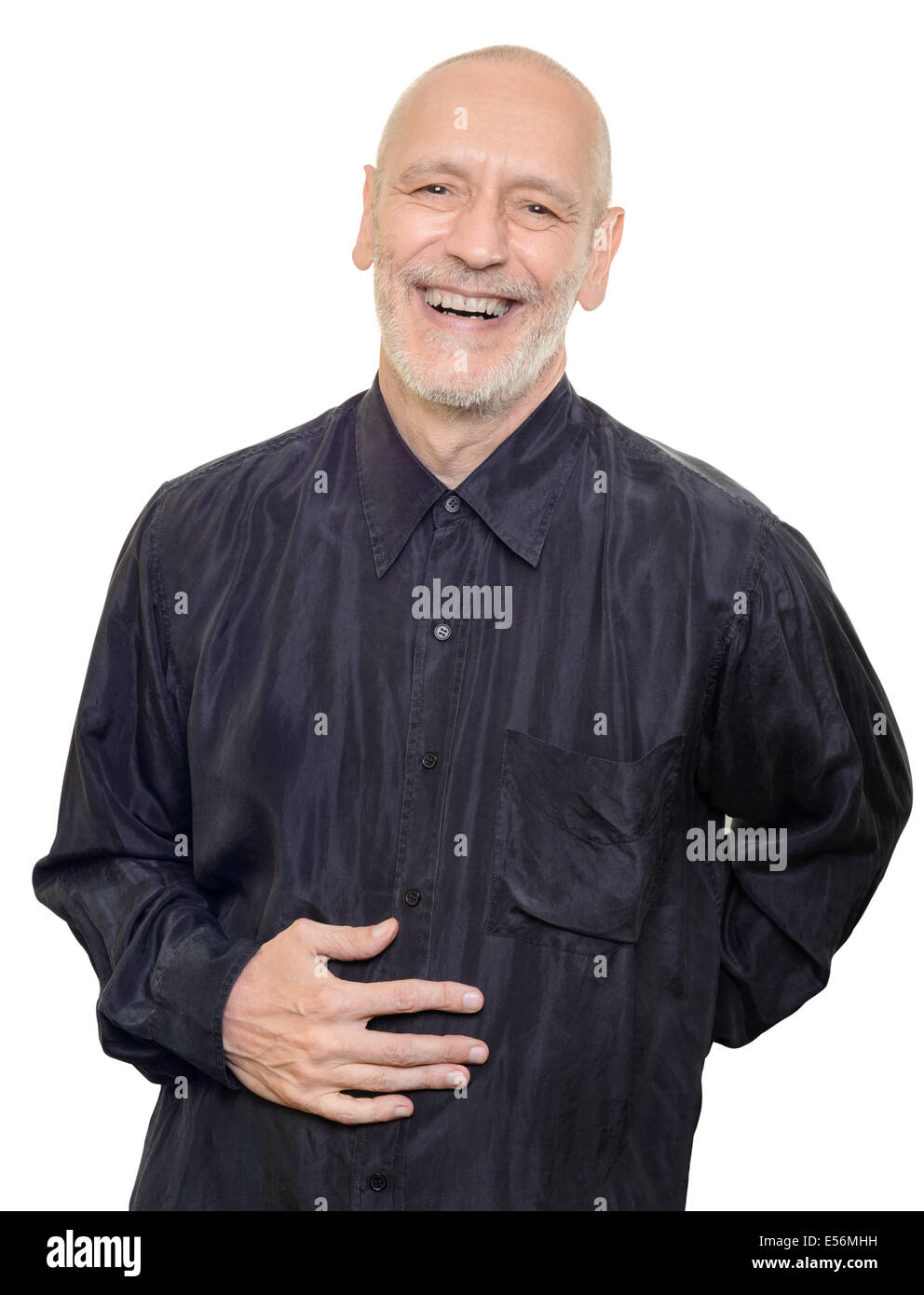 Uomo nero con camicia di seta ride molto, isolato su sfondo bianco Foto Stock