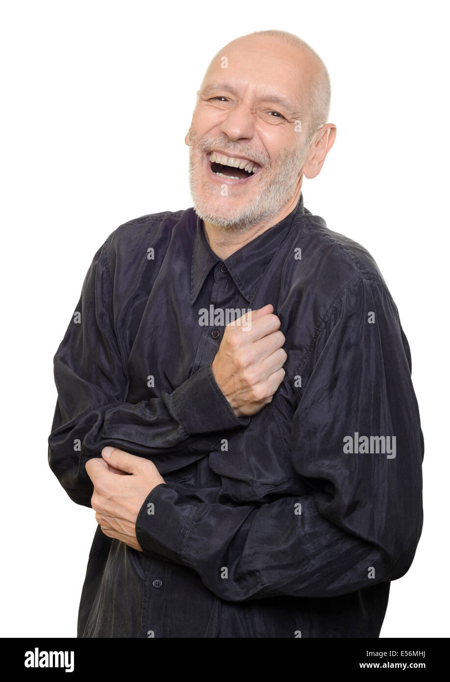 Uomo nero con camicia di seta ride molto, isolato su sfondo bianco Foto Stock