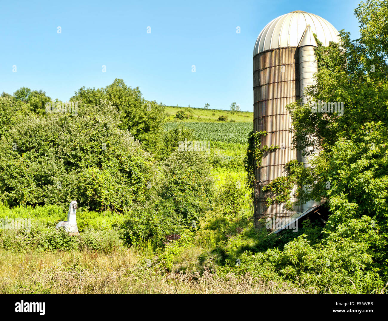 Cavallo di metallo in un campo nei pressi di abbandonato vecchia fattoria silo Foto Stock