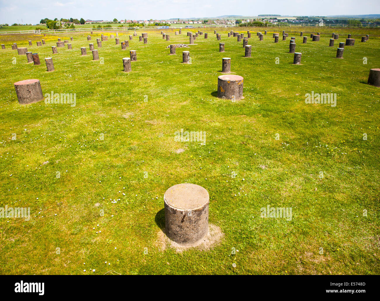 I marcatori di calcestruzzo identificare posizioni dell'originale posti di legno al neolitico sito di Woodhenge, Amesbury, Wiltshire, Inghilterra Foto Stock