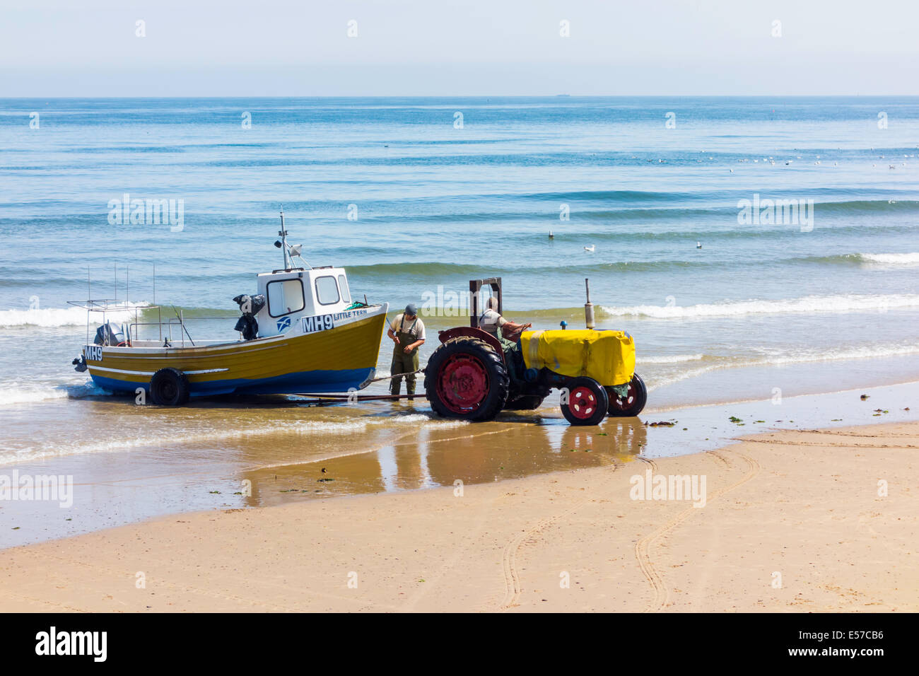 I pescatori utilizzando un trattore per il traino di una barca da pesca al di fuori dell'acqua, a Redcar, Cleveland, Regno Unito Foto Stock