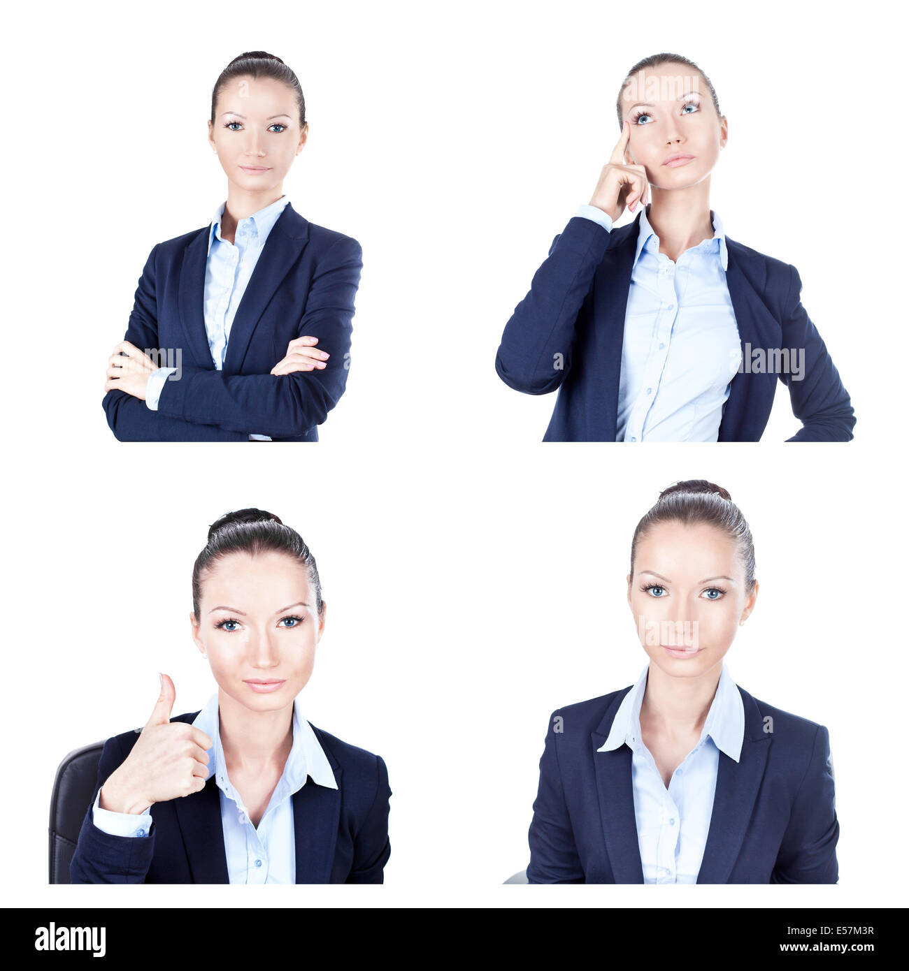 Collage di business. Imprenditrice diversi ritratti su bianco Foto Stock