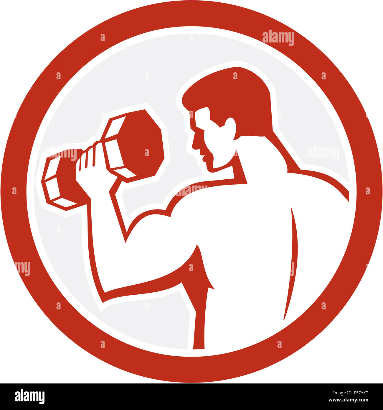 Illustrazione di un uomo di sollevamento di peso dumbbell fitness training set cerchio interno isolato su sfondo bianco fatto in stile retrò. Foto Stock
