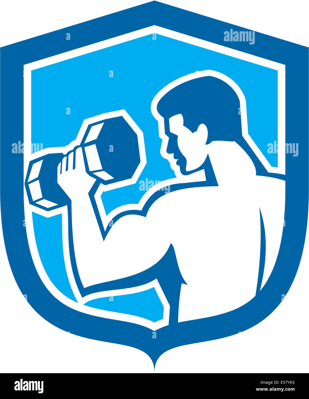 Illustrazione di un uomo di sollevamento di peso dumbbell training set all'interno della protezione crest fatto in stile retrò su sfondo isolato, Foto Stock