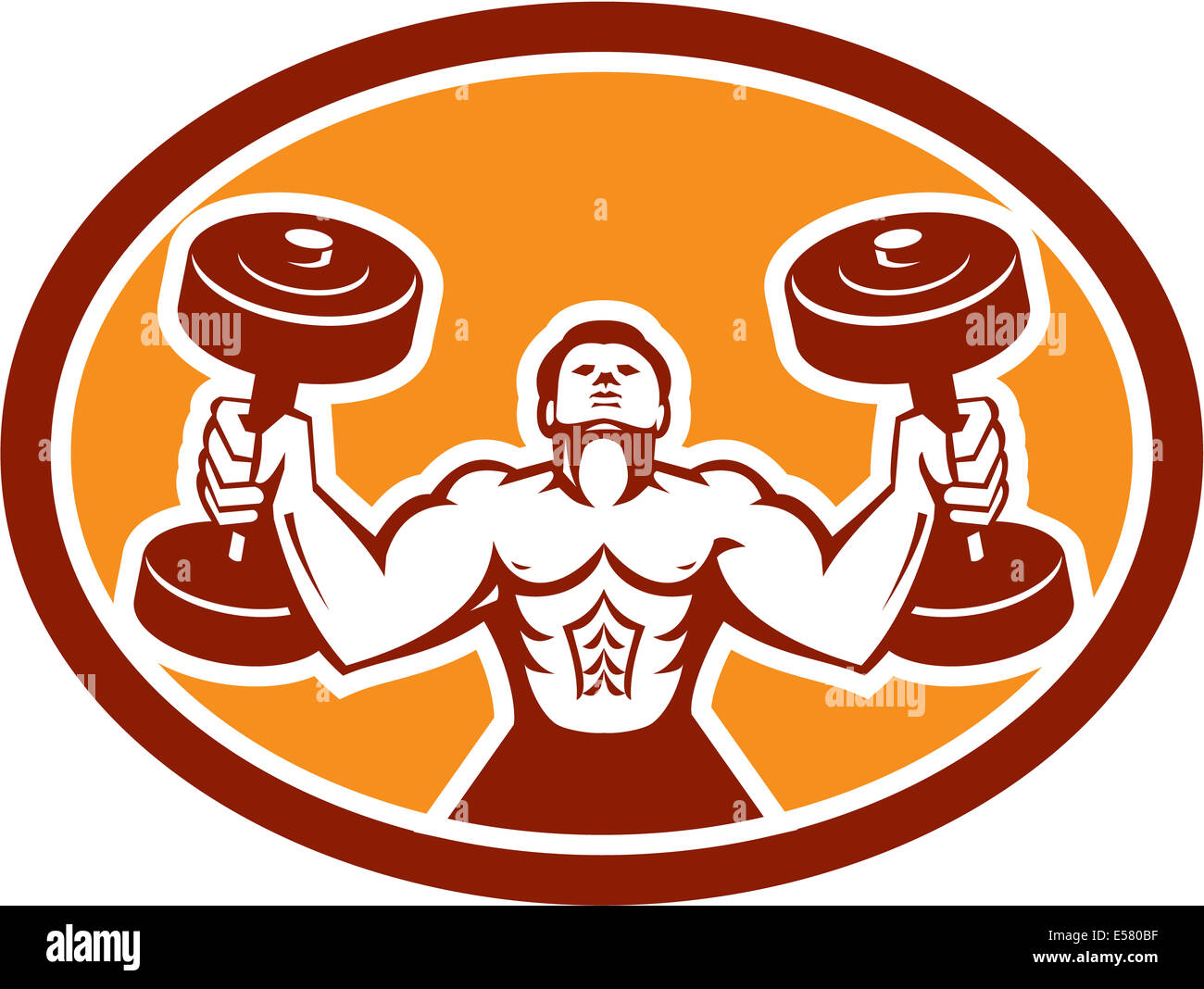 Illustrazione di un uomo di sollevamento pesi manubri fitness fisico training set all'interno del cerchio su sfondo isolato fatto rétro Foto Stock