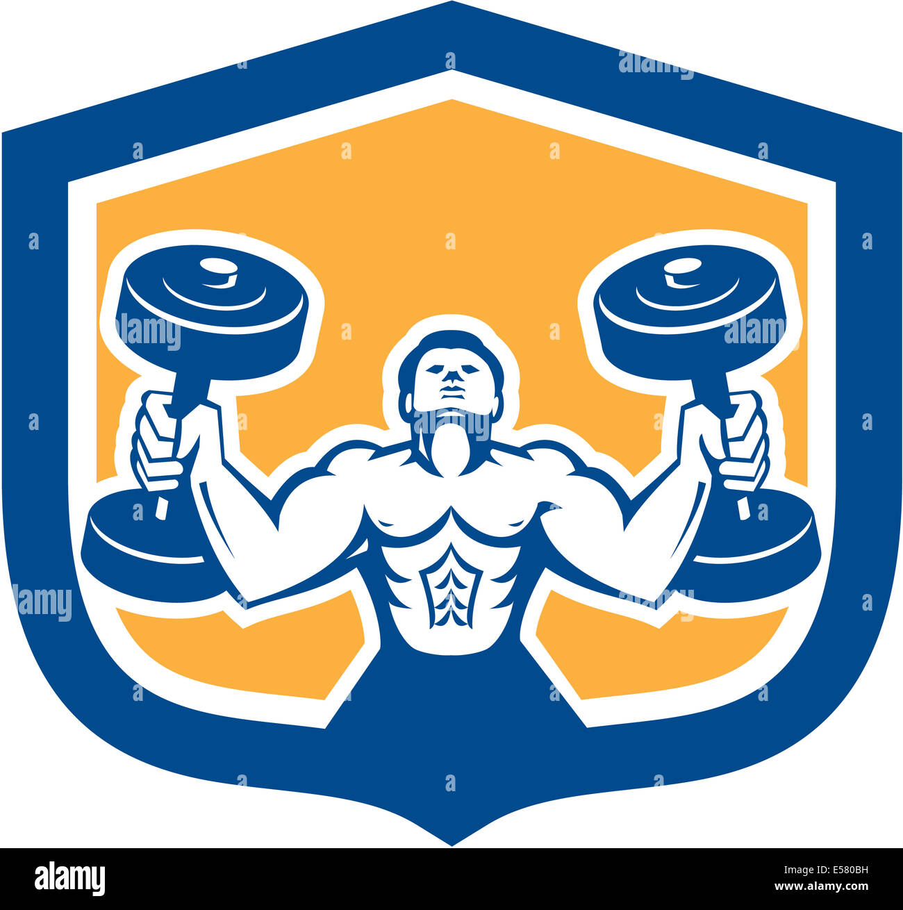 Illustrazione di un uomo di sollevamento pesi manubri fitness fisico training set all'interno della protezione cresta su sfondo isolato fatto in Foto Stock