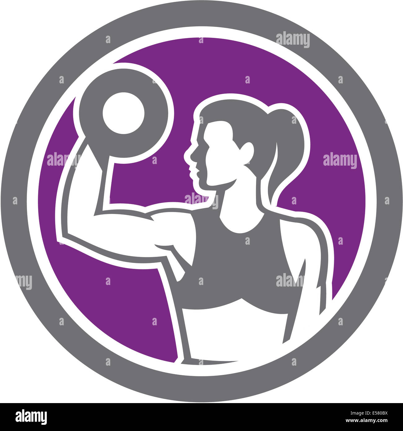 Illustrazione di una donna di sollevamento pesi a manubrio con una sola mano guardando al lato impostato all'interno del cerchio su sfondo isolato fatto in stile retrò. Foto Stock