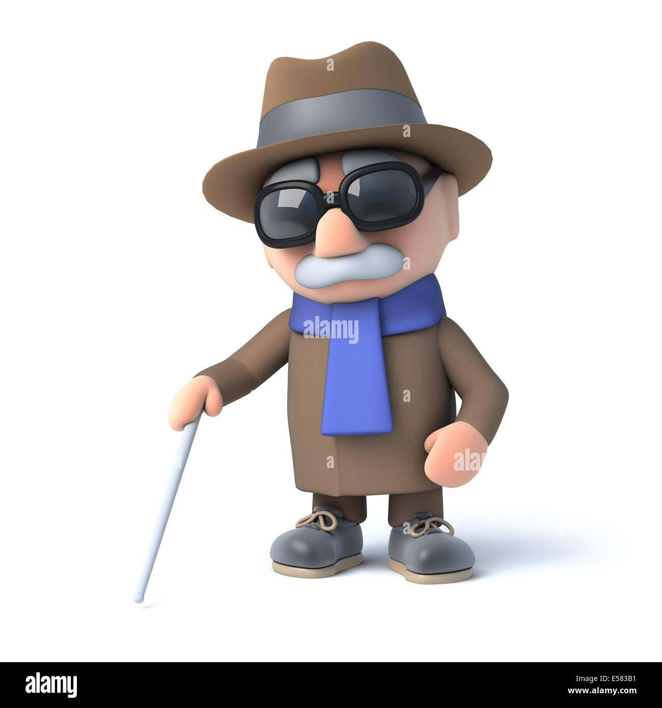 3D render di un non vedente senior citizen usando un bastone per guidare il suo modo Foto Stock