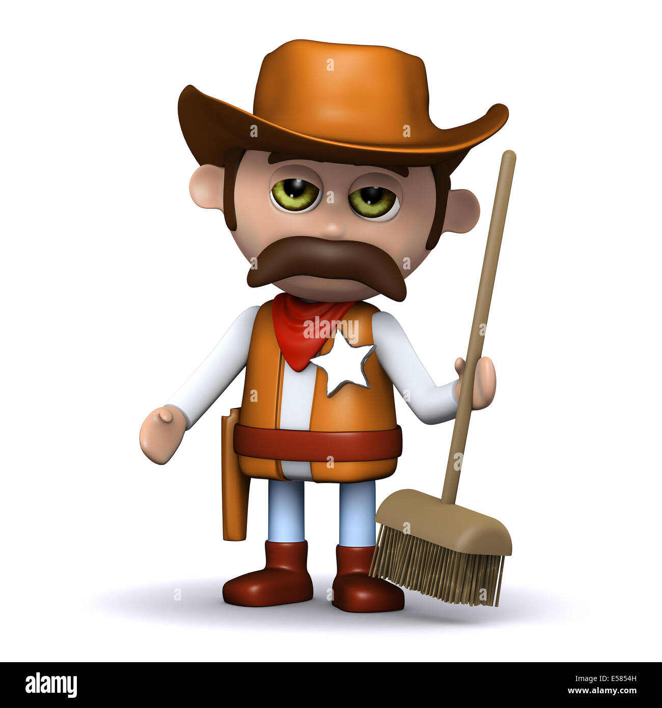3D render di un cowboy sceriffo tenendo una scopa Foto Stock