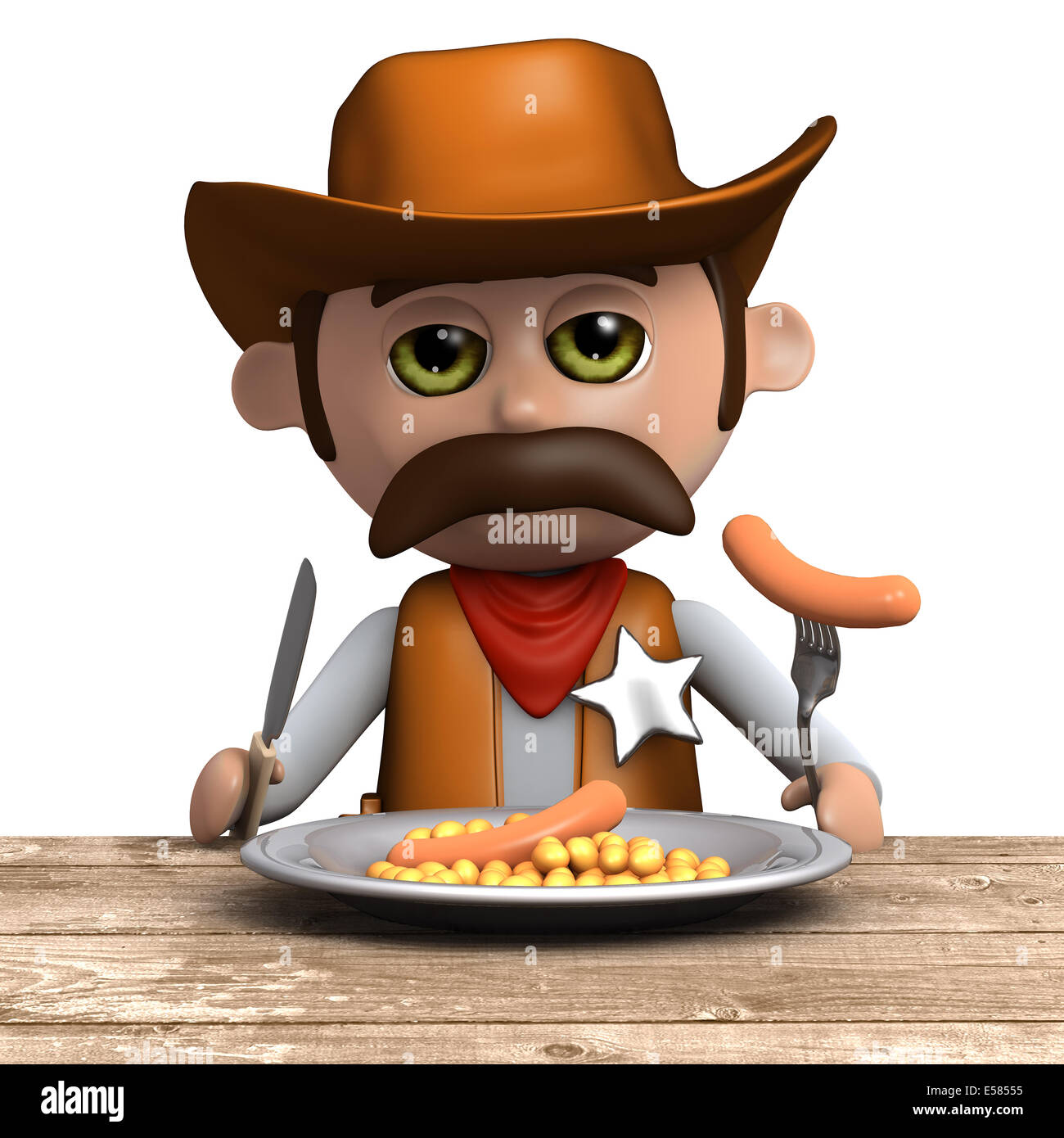 3D render del cowboy sceriffo di mangiare la sua cena servita a tavola Foto Stock