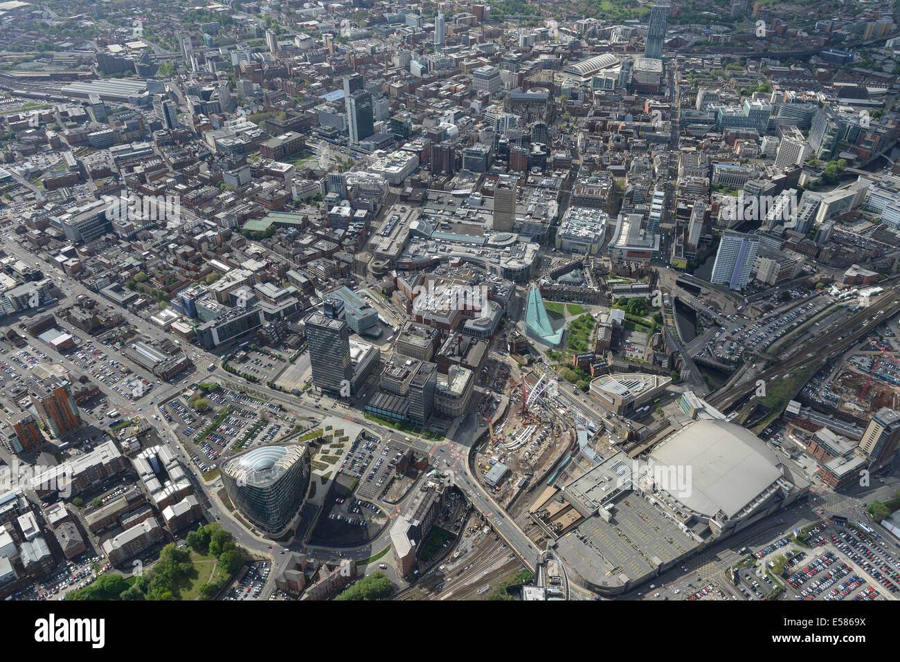 Una veduta aerea di Manchester City Centre Foto Stock