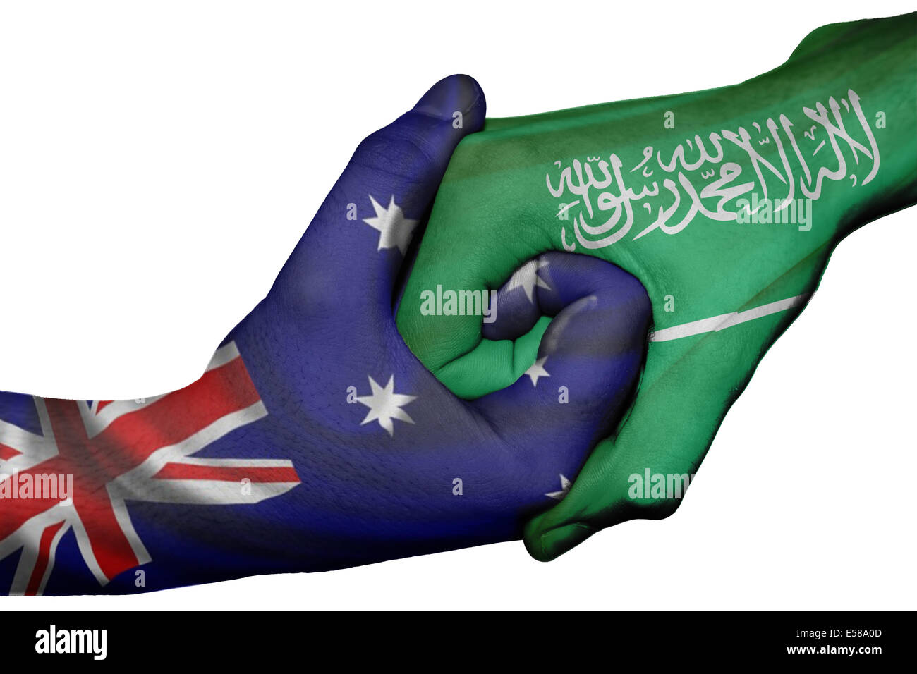 Handshake diplomatiche tra paesi: bandiere di Australia e Arabia Saudita sovradipinta le due mani Foto Stock