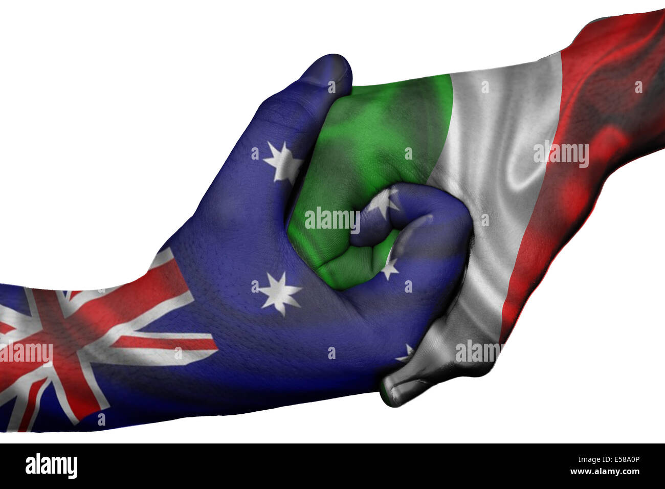 Handshake diplomatiche tra paesi: bandiere di Australia e Italia sovradipinta le due mani Foto Stock
