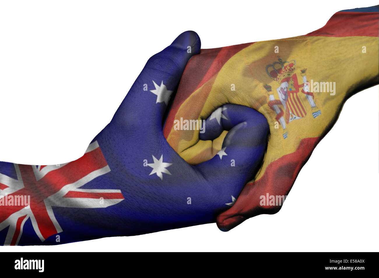 Handshake diplomatiche tra paesi: bandiere di Australia e Spagna sovradipinta le due mani Foto Stock