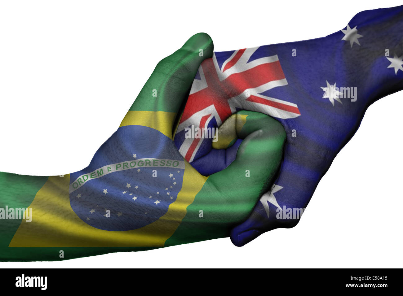 Handshake diplomatiche tra paesi: bandiere del Brasile e Australia sovradipinta le due mani Foto Stock