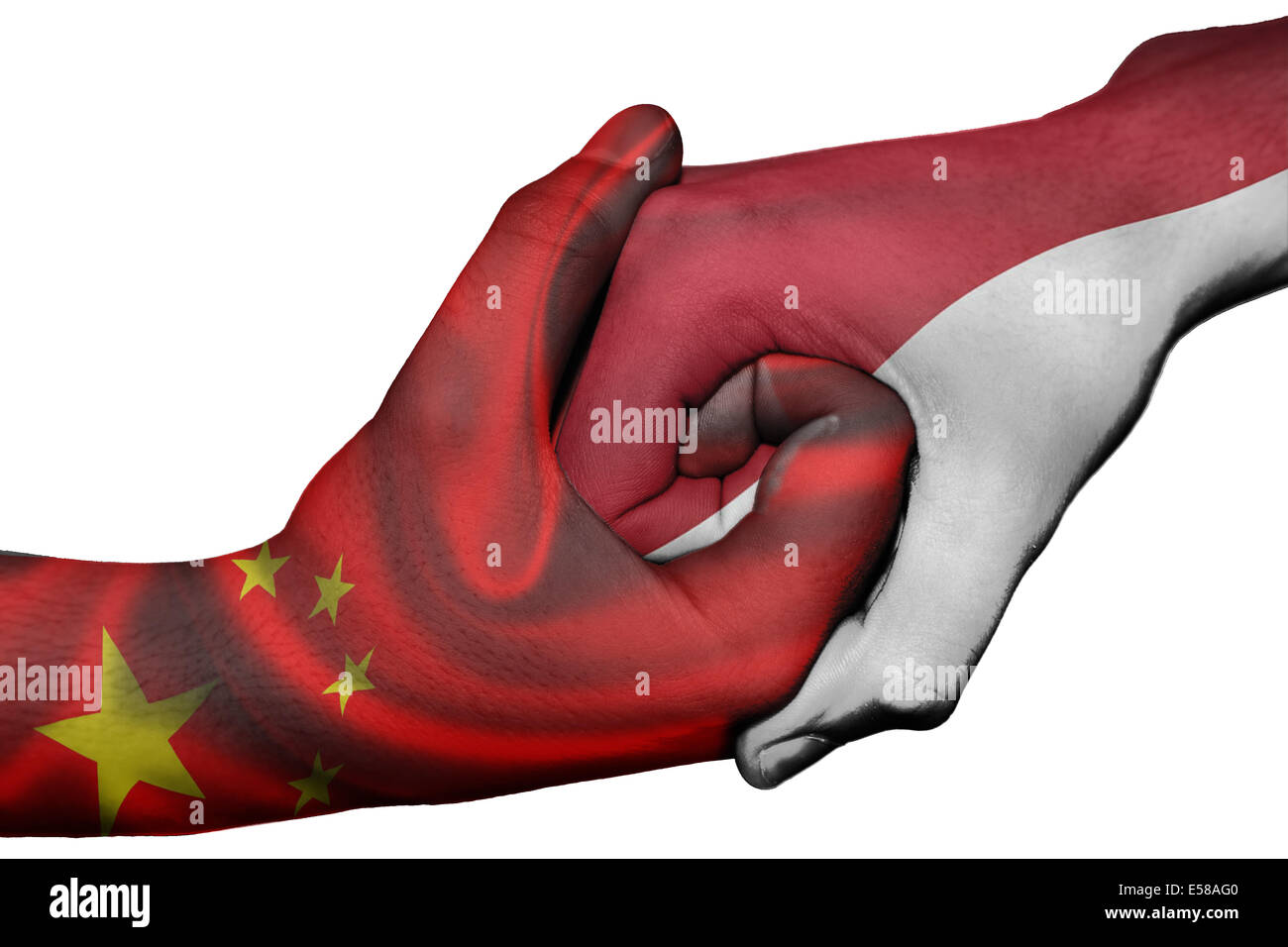 Handshake diplomatiche tra paesi: bandiere di Cina e Indonesia sovradipinta le due mani Foto Stock