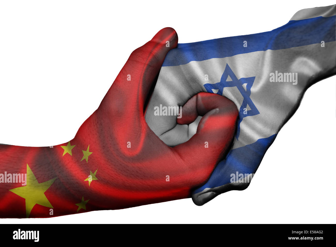 Handshake diplomatiche tra paesi: bandiere di Cina e Israele sovradipinta le due mani Foto Stock