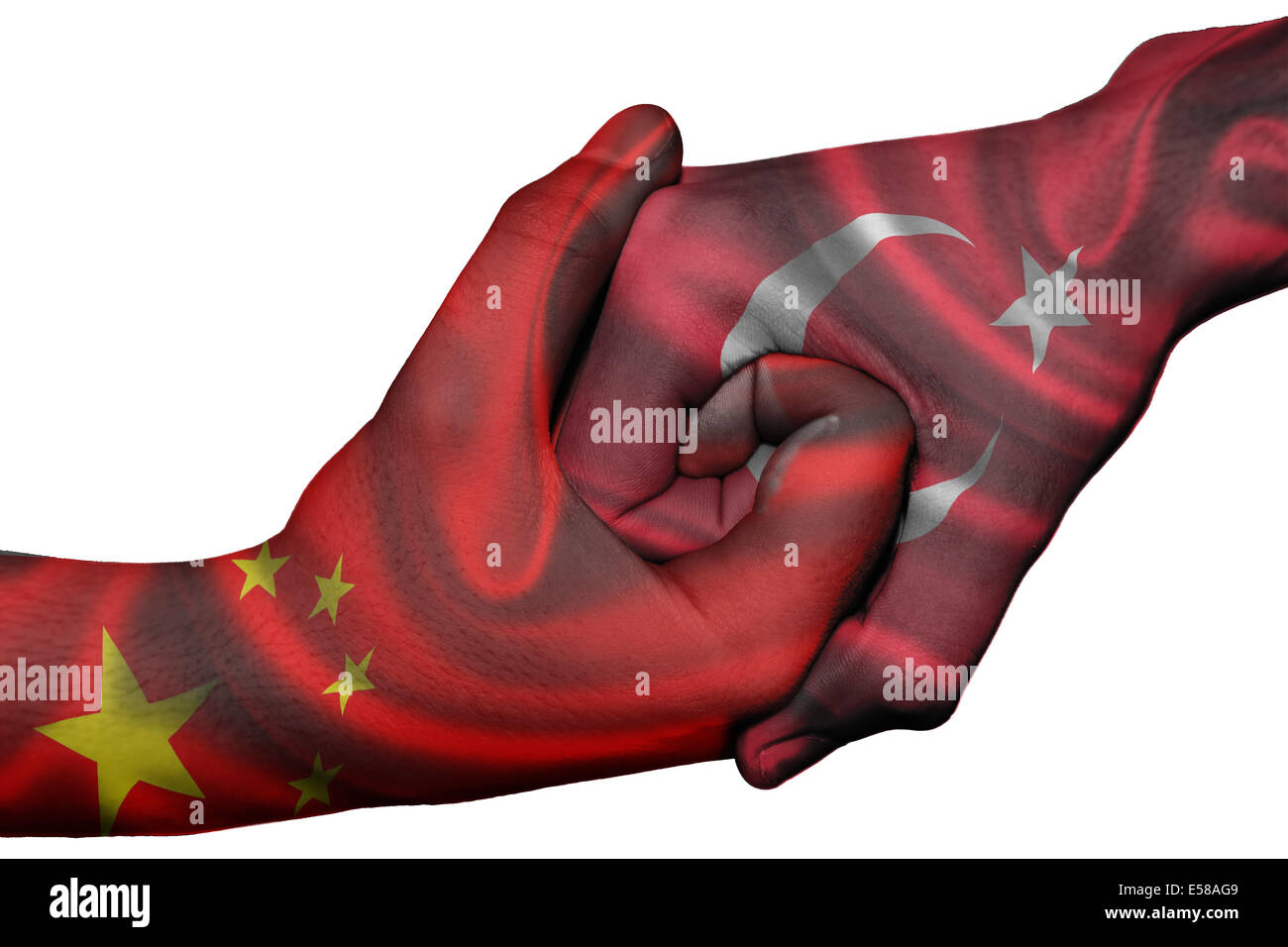 Handshake diplomatiche tra paesi: bandiere di Cina e Turchia sovradipinta le due mani Foto Stock