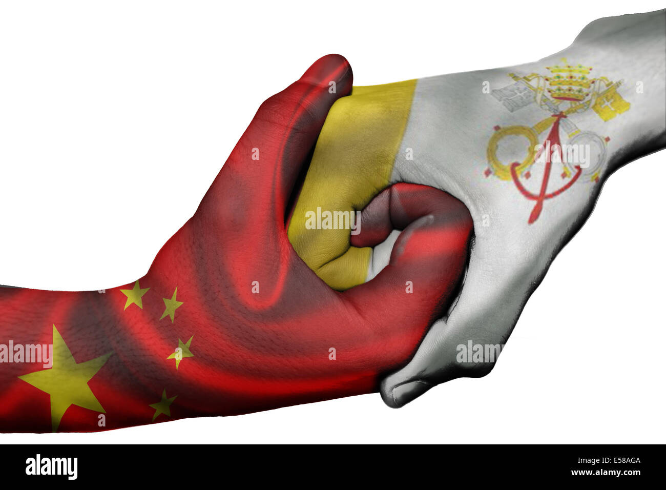 Handshake diplomatiche tra paesi: bandiere di Cina e Vaticano sovradipinta le due mani Foto Stock