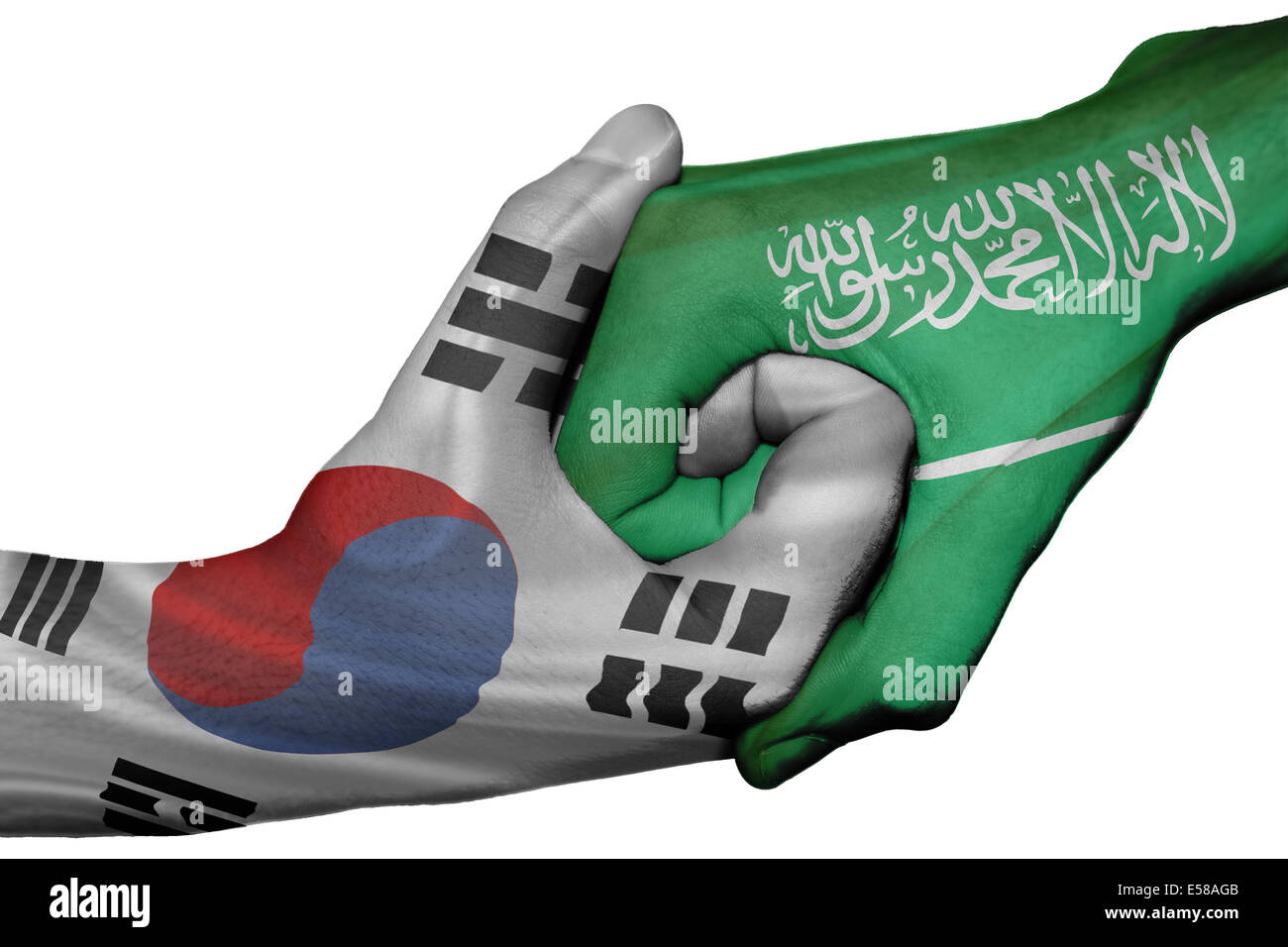 Handshake diplomatiche tra paesi: bandiere della Corea del Sud e Arabia Saudita sovradipinta le due mani Foto Stock