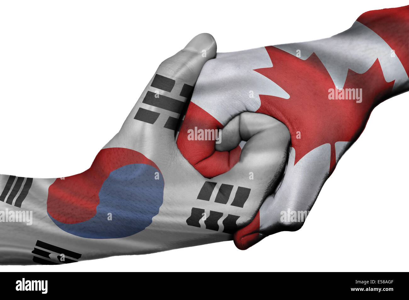 Handshake diplomatiche tra paesi: bandiere della Corea del Sud e il Canada sovradipinta le due mani Foto Stock