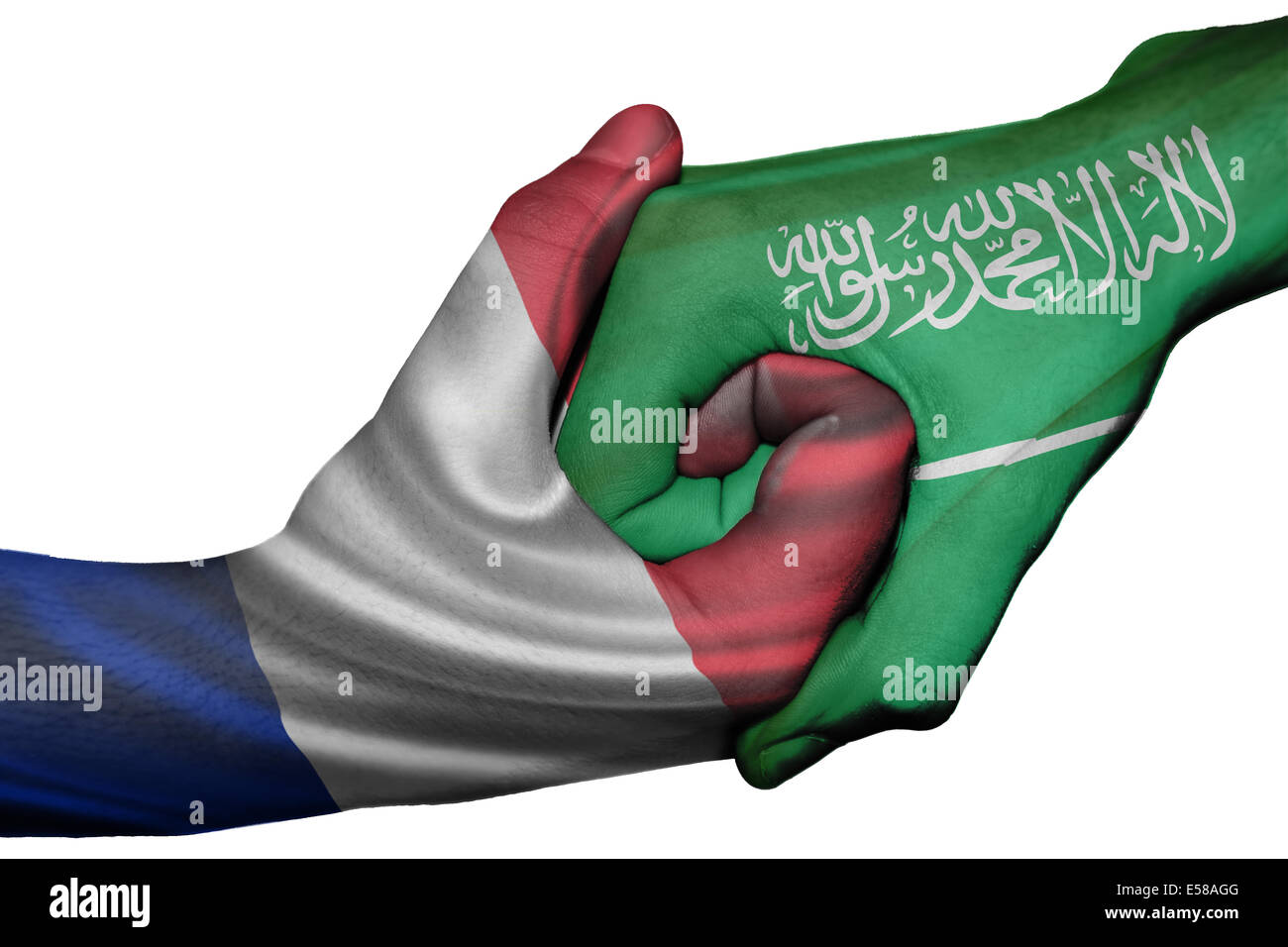 Handshake diplomatiche tra paesi: bandiere di Francia e Arabia Saudita sovradipinta le due mani Foto Stock