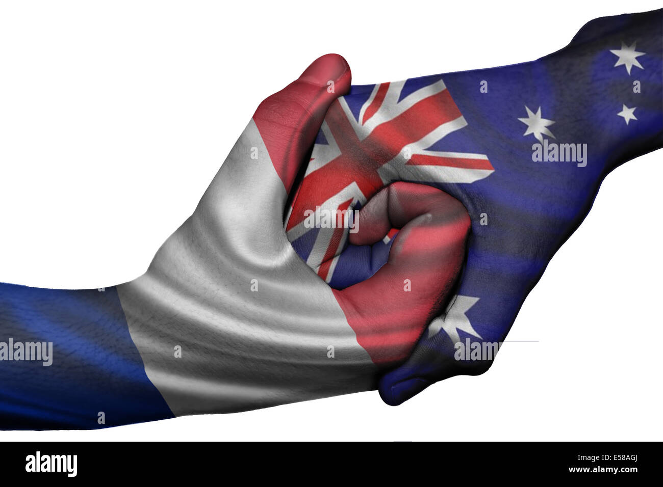 Handshake diplomatiche tra paesi: bandiere di Francia e Australia sovradipinta le due mani Foto Stock
