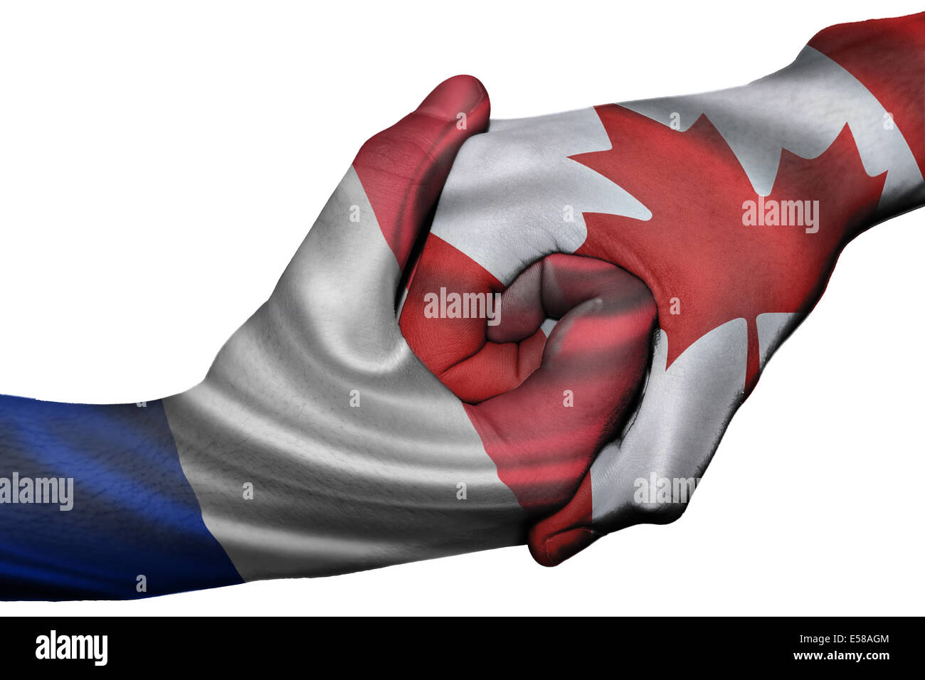 Handshake diplomatiche tra paesi: bandiere di Francia e Canada sovradipinta le due mani Foto Stock