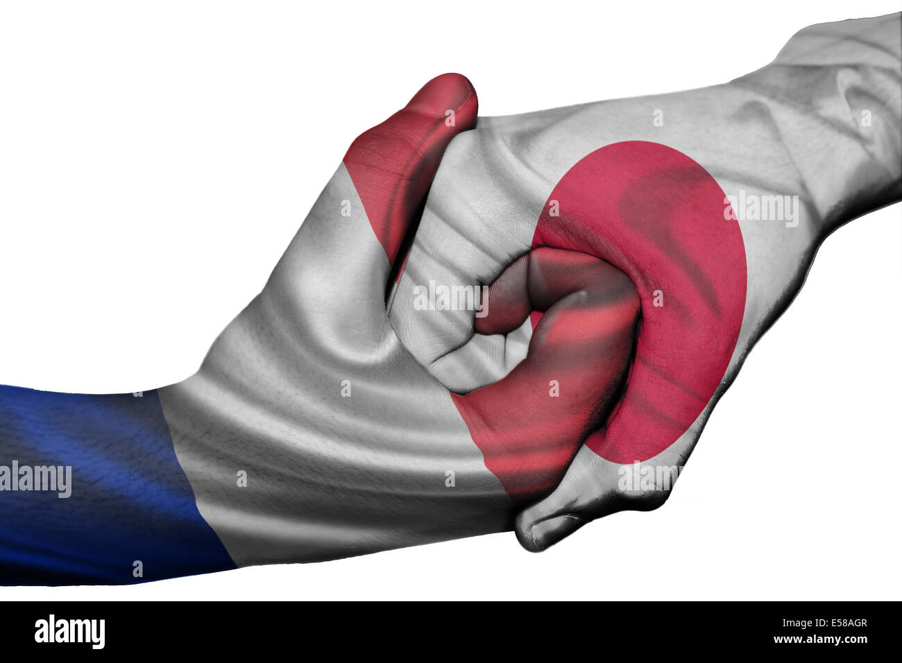 Handshake diplomatiche tra paesi: bandiere di Francia e Giappone sovradipinta le due mani Foto Stock