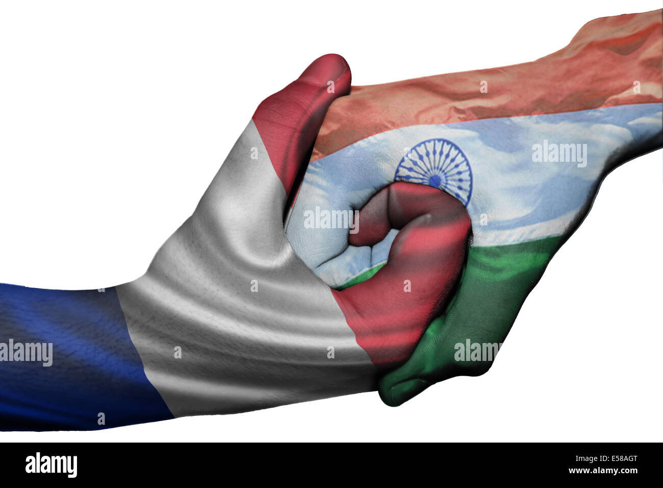 Handshake diplomatiche tra paesi: bandiere di Francia e India sovradipinta le due mani Foto Stock