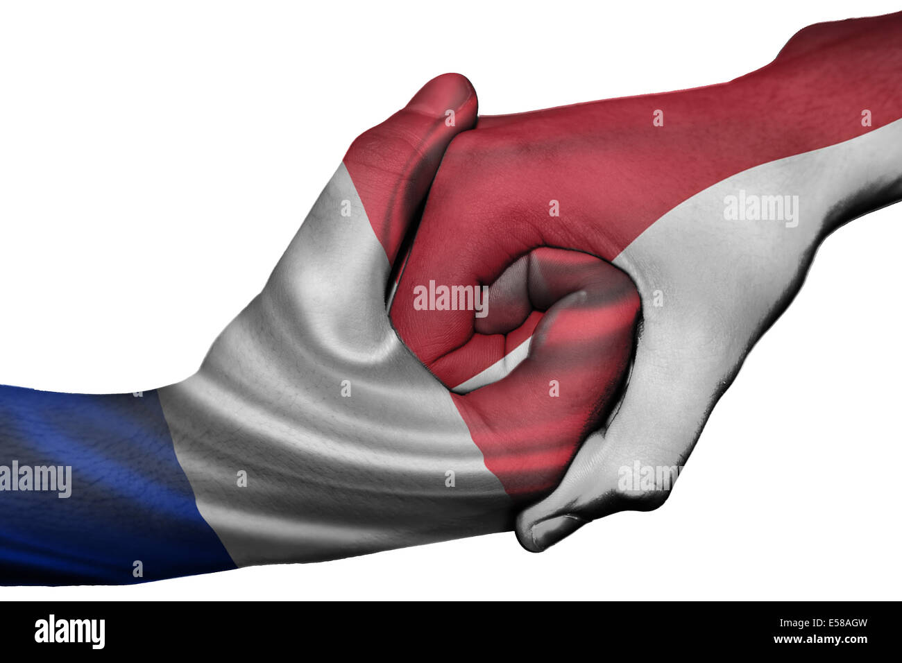 Handshake diplomatiche tra paesi: bandiere di Francia e Indonesia sovradipinta le due mani Foto Stock