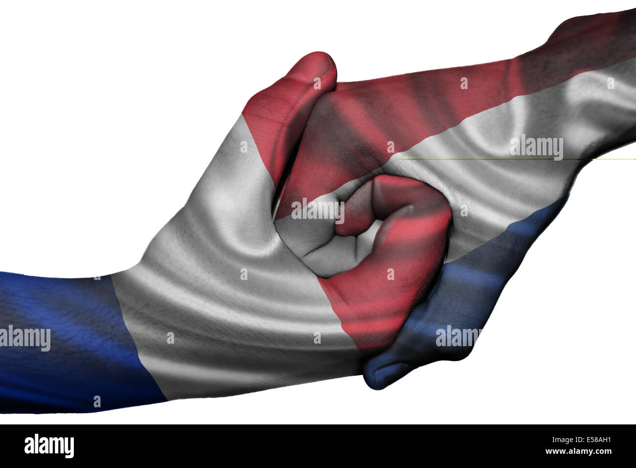 Handshake diplomatiche tra paesi: bandiere di Francia e Paesi Bassi sovradipinta le due mani Foto Stock