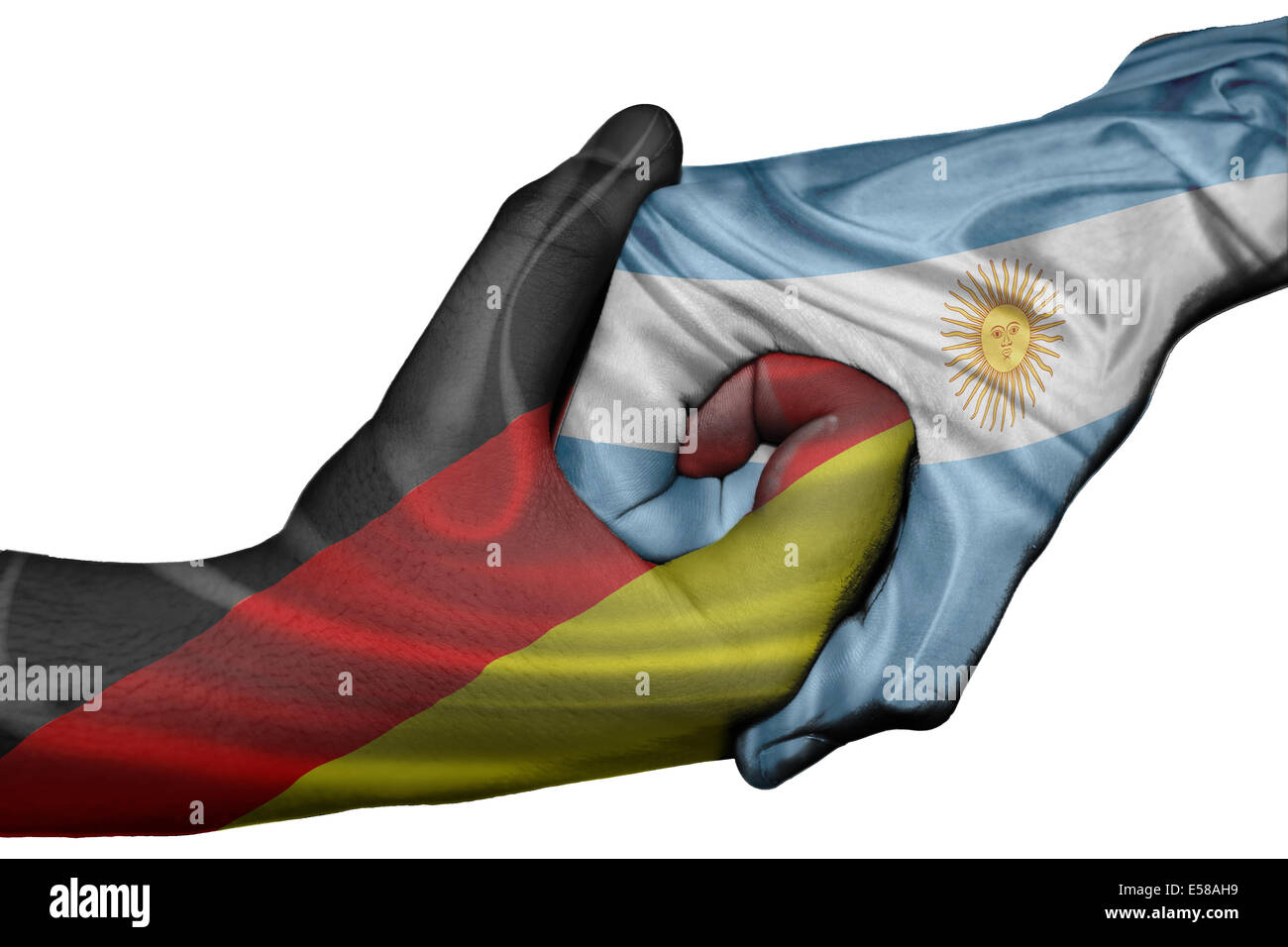 Handshake diplomatiche tra paesi: bandiere della Germania e Argentina sovradipinta le due mani Foto Stock