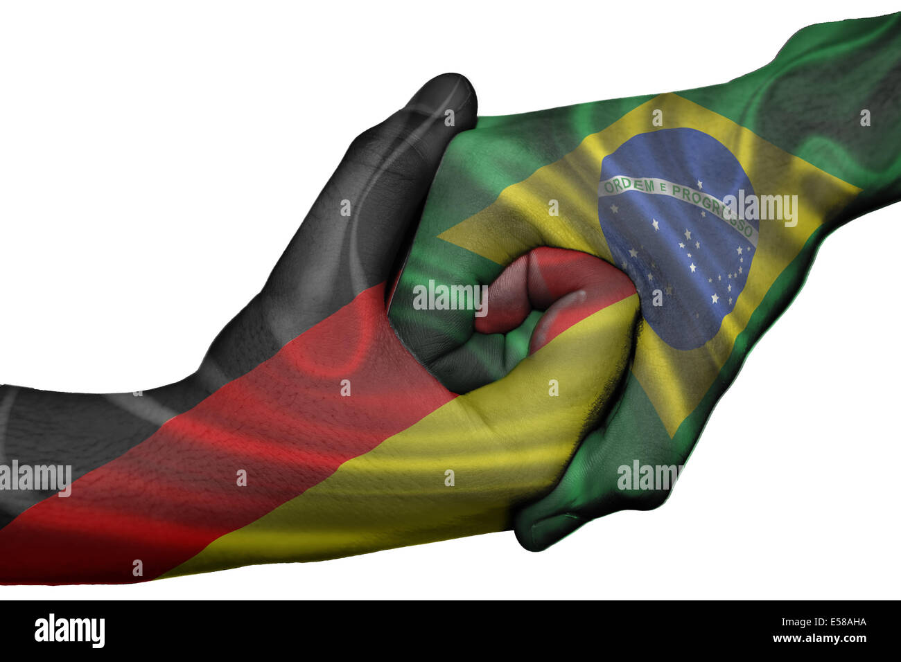 Handshake diplomatiche tra paesi: bandiere della Germania e Brasile sovradipinta le due mani Foto Stock