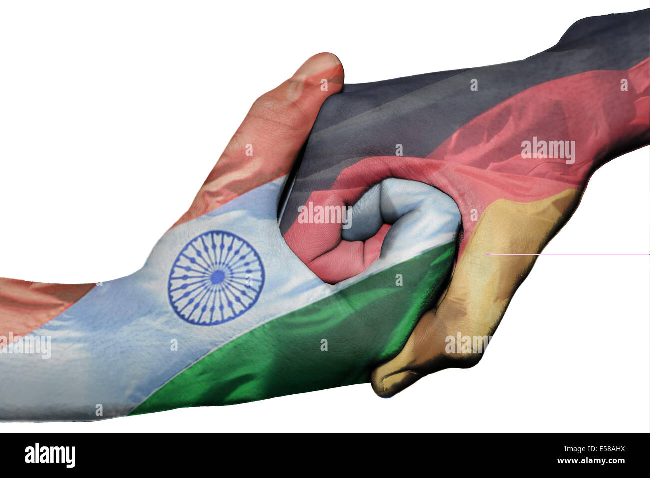 Handshake diplomatiche tra paesi: bandiere di India e Germania sovradipinta le due mani Foto Stock