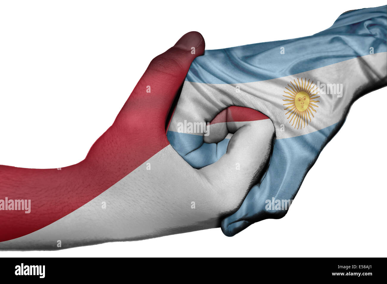 Handshake diplomatiche tra paesi: bandiere di Indonesia e Argentina sovradipinta le due mani Foto Stock