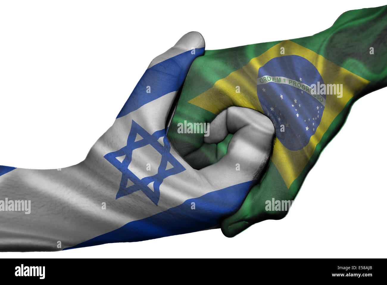Handshake diplomatiche tra paesi: bandiere di Israele e Brasile sovradipinta le due mani Foto Stock