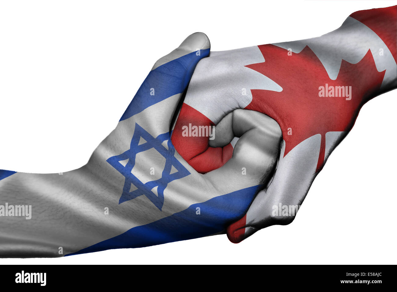 Handshake diplomatiche tra paesi: bandiere di Israele e Canada sovradipinta le due mani Foto Stock