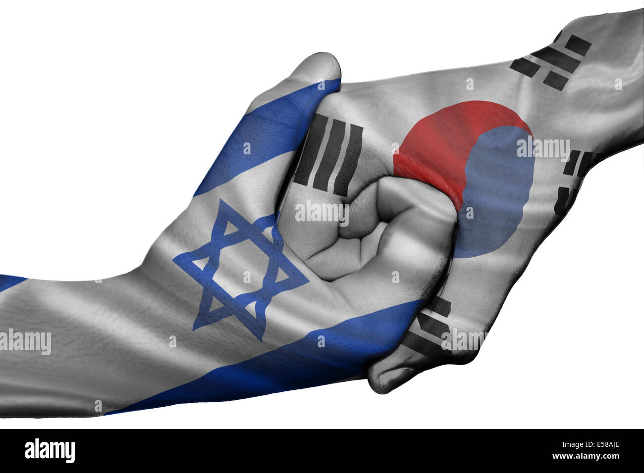 Handshake diplomatiche tra paesi: bandiere di Israele e la Corea del Sud sovradipinta le due mani Foto Stock