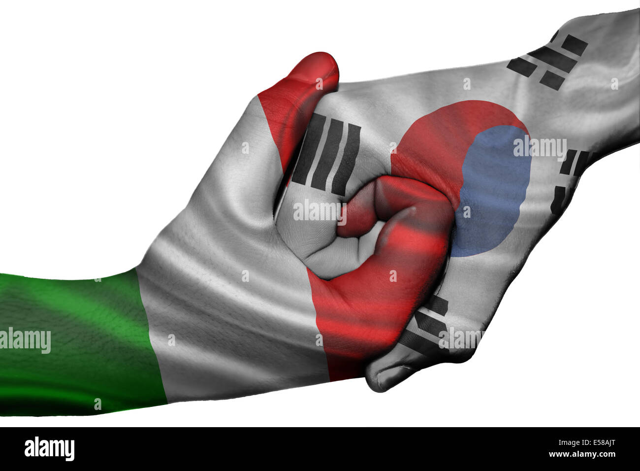 Handshake diplomatiche tra paesi: bandiere di Italia e Corea del Sud sovradipinta le due mani Foto Stock