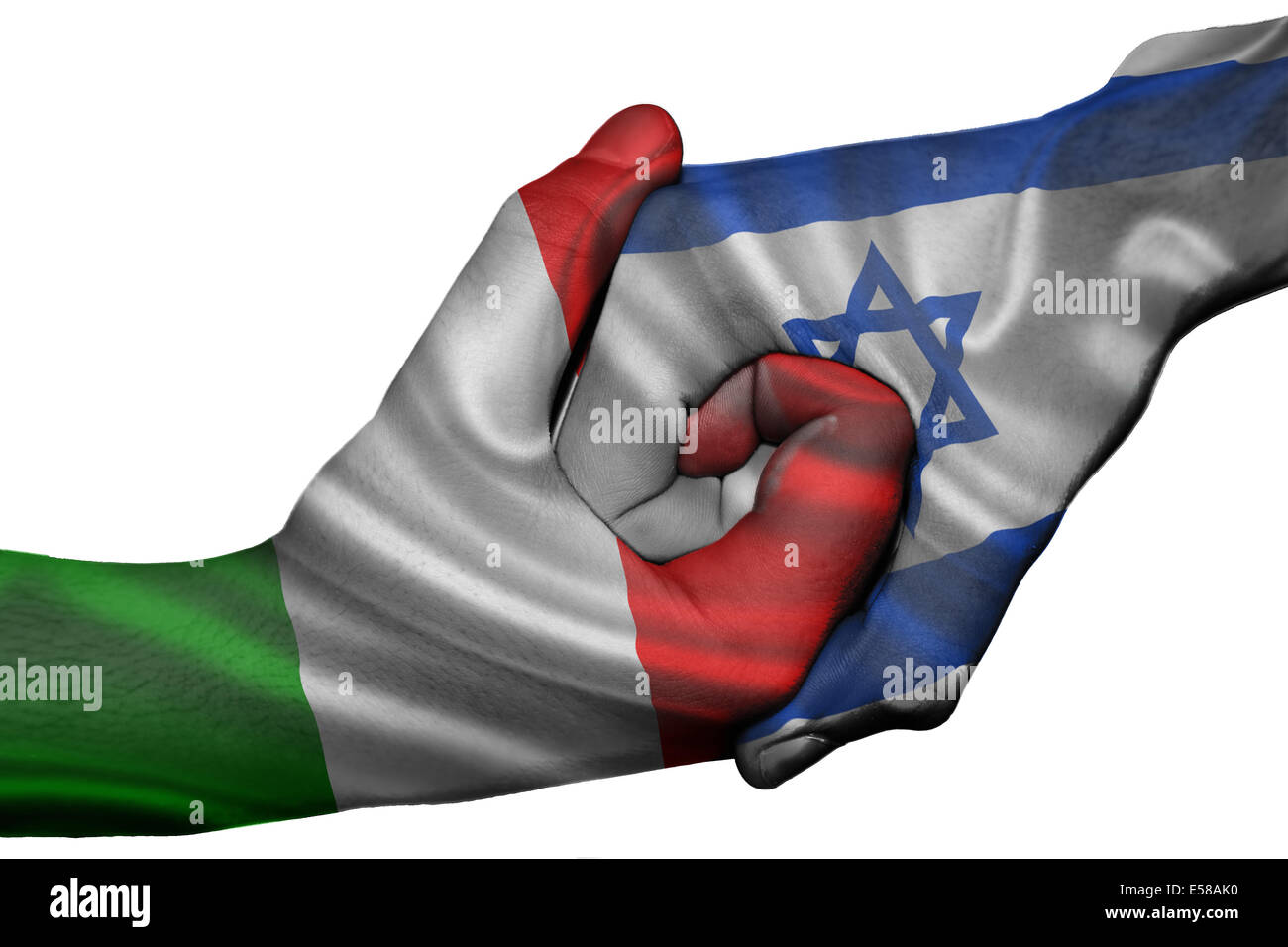 Handshake diplomatiche tra paesi: bandiere di Italia e Israele sovradipinta le due mani Foto Stock