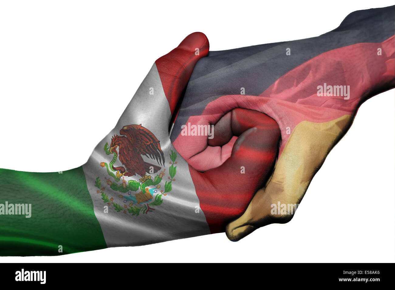 Handshake diplomatiche tra paesi: bandiere del Messico e Germania sovradipinta le due mani Foto Stock