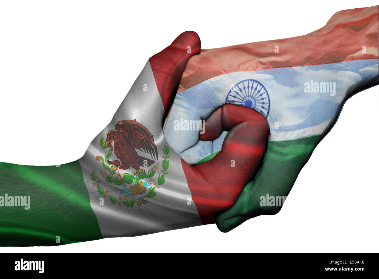 Handshake diplomatiche tra paesi: bandiere del Messico e India sovradipinta le due mani Foto Stock